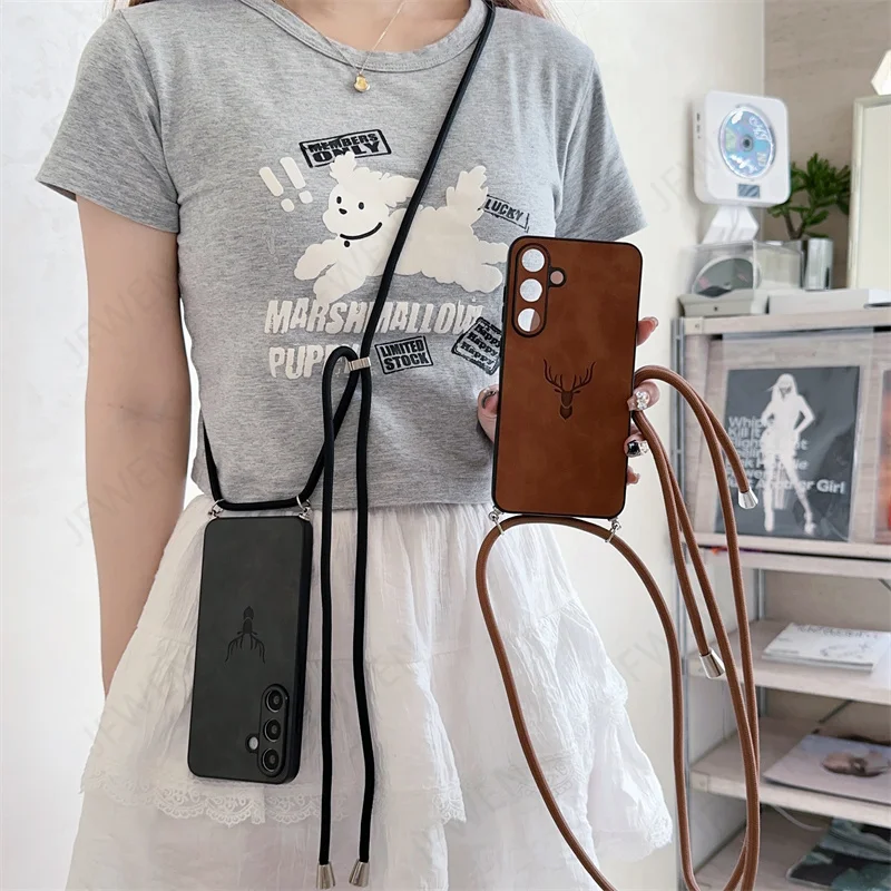 Luxe Deer Head Leather Crossbody Lanyard Phone Case with Hard PC Back Cover