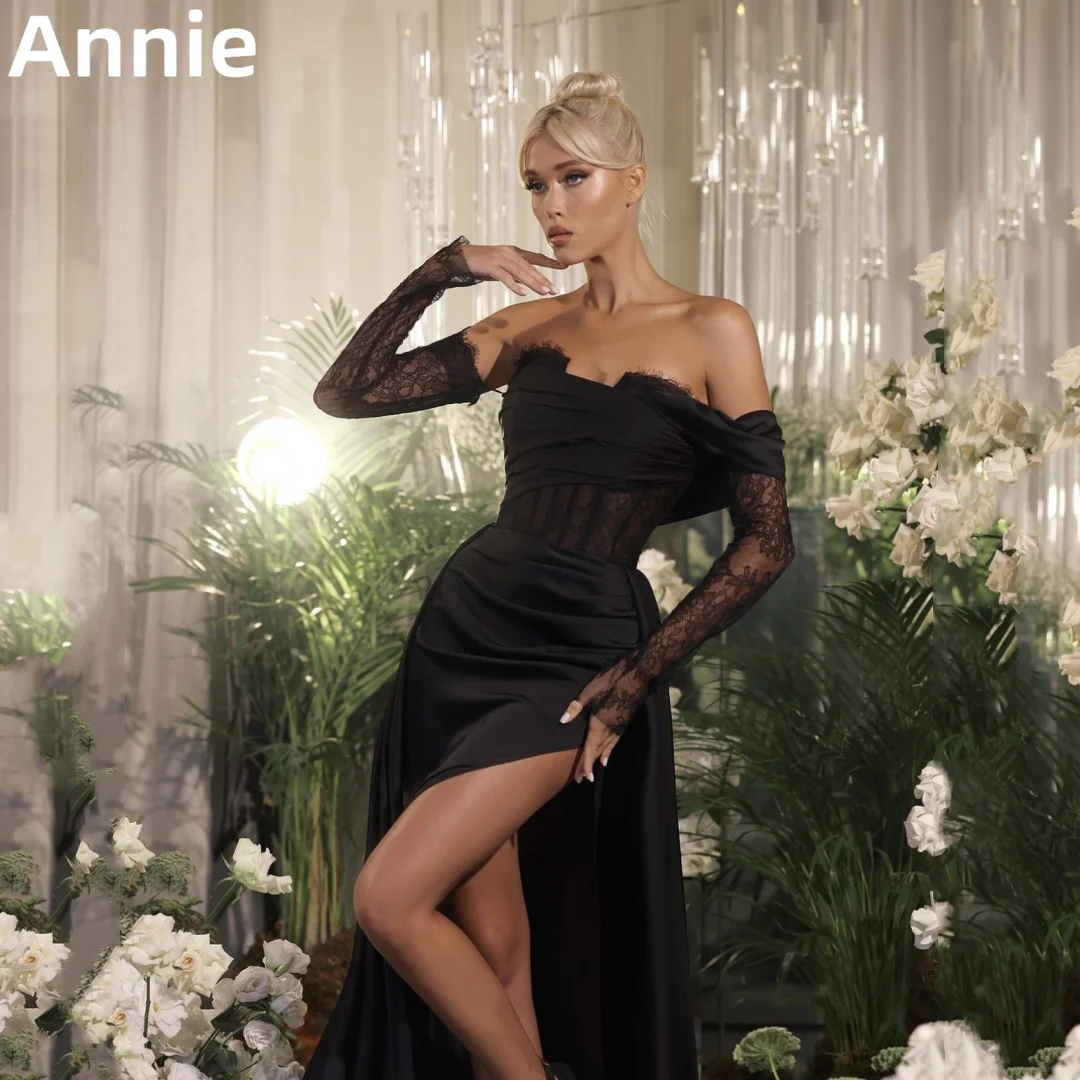 

Annie Black Silk-satin Prom Dresses فساتين السهرة 2024 Sexy Lace Long Sleeves Evening Dress Formal Occasions Party Dress