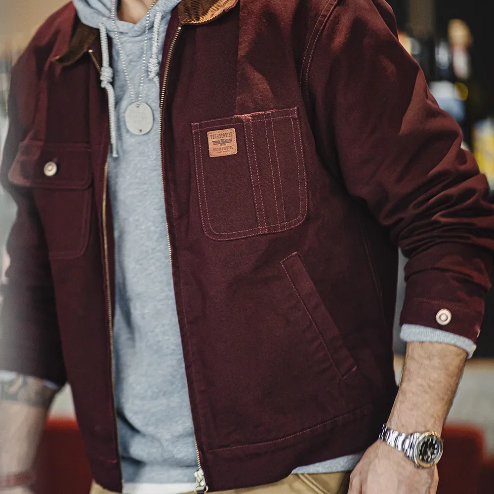 Maden Retro Corduroy Collar Heavyweight Detroit Jacket Canvas Hunting Short Zip-Up Jacket with Pockets Men's Autumn Overcoat Top 2