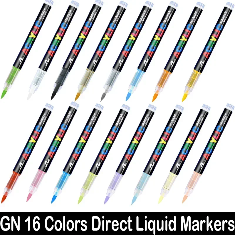 16 Colors Direct-liquid Acrylic Marker Pen Waterproof Soft Brush Nib for Glass Stone Metal Glass Art Supplies Stationery