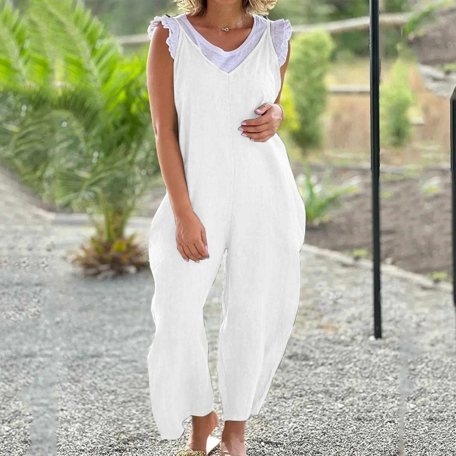 Vintage Cotton Linen Jumpsuits Women 2023 Casual Solid Strap Wide Leg Suspender Pants with Pockets Summer Loose Overalls Rompers