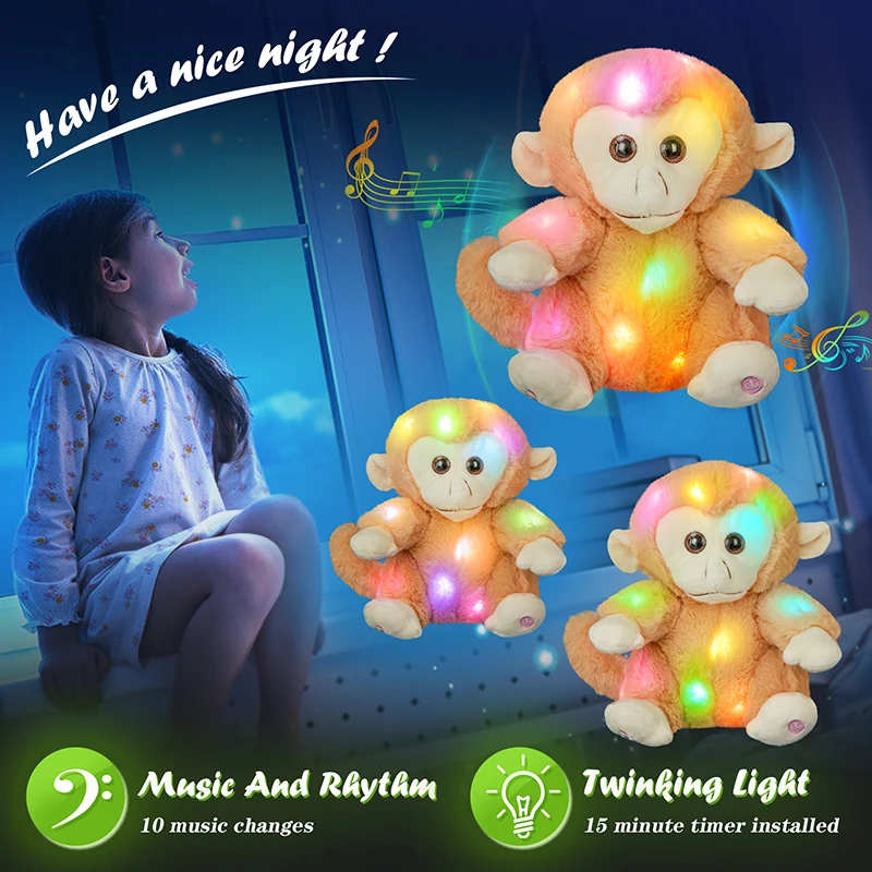 35cm Monkey Musical Plush Toys Animals Throw Pillows with LED Light Luminous Knitted Boy Baby Doll Birthday Gift for Girls plush toy