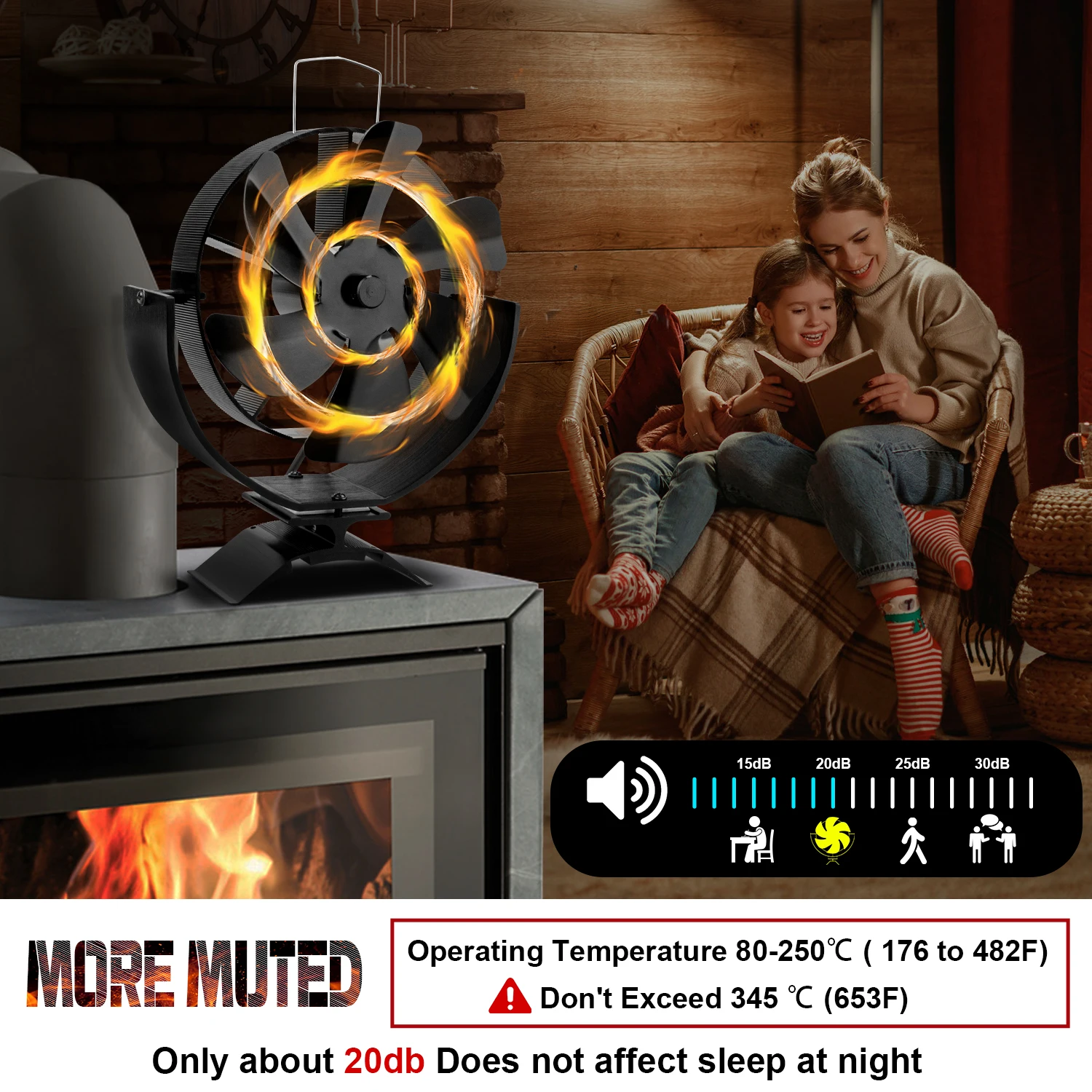 Fireplace Fan 6 Blades Heat Powered 360 Rotating Log Wood Burner Eco-fan Efficient Heat Distribution