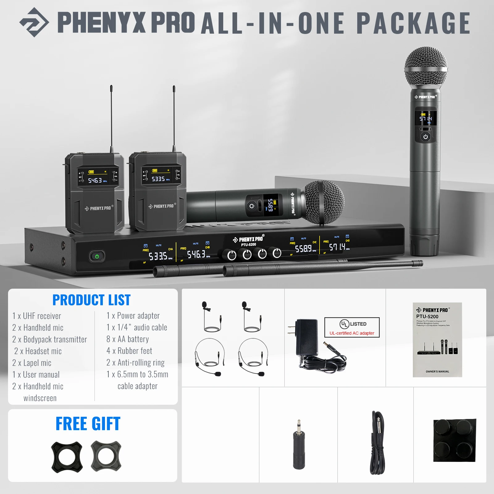 Phenyx Pro 무선 마이크 시스템, 핸드헬드, 바디팩, 헤드셋, 라펠 마이크 포함, 노래, 노래방, 4 채널