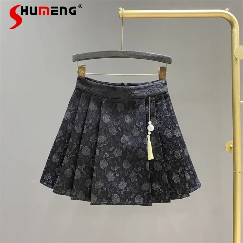 New Chinese Style Women's Jacquard Short Horse-Face Skirts 2024 Summer New High Waist Slimming Mini A-line Pleated Skirt Female women lace floral pleated false cuffs horn cuffs wrist warmers female fake sleeve sweater blouse apparel wristband