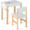 Kids Table and Chair Set, Toddler Study Desk w/Paper Roll, Drawer, 2 Marker Pens, Wooden Activity Table Set for Playroom 1