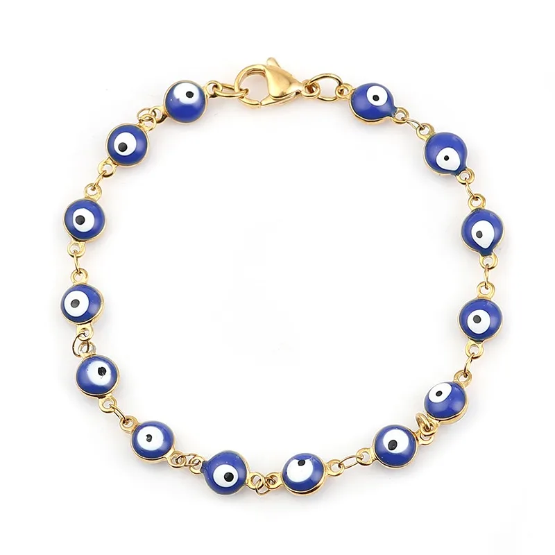 

304 Stainless Steel Turkish Evil Eye Bracelets For Women Gold Color Chain Enamel Bracelet Men Fashion Jewelry Gift 19.2cm,1Piece