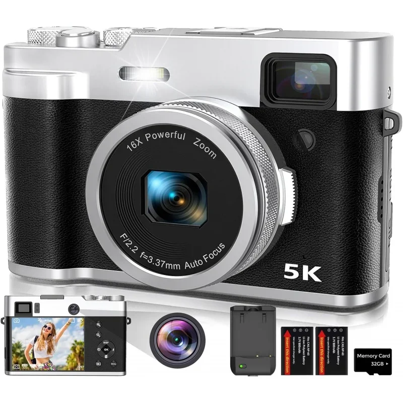 

5K Digital Camera for Photography Autofocus, 48MP Vlogging Camera with Front and Rear Lens, Viewfinder, Flashlight, 16X Digital