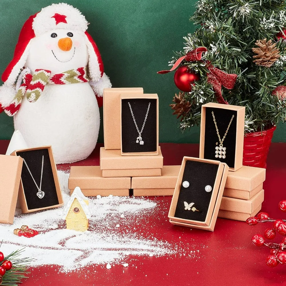 24 Pcs Rectangle Jewelry Box, 3.1x2x1" Tan Cardboard Jewelry Boxes Kraft Paper Gift Packaging Boxes Christmas Gift Paper