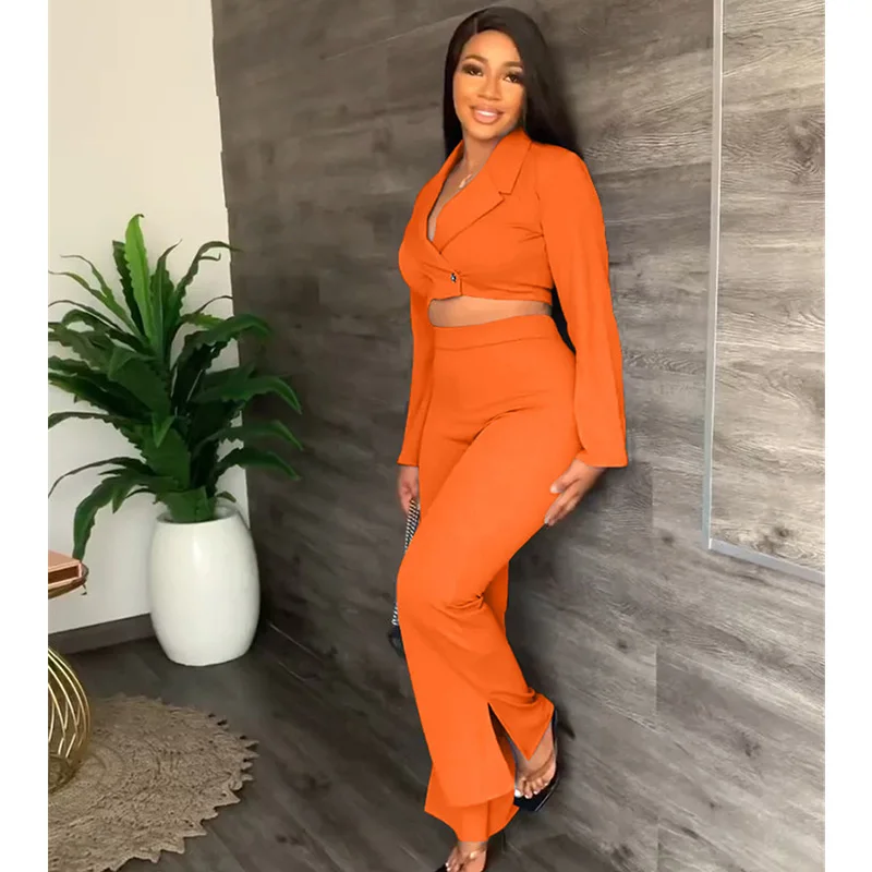 Elegant Work Wear Two Piece Set Women Clothes Button Office Crop Top and Flare Pants Suits Matching Sets Lady Sexy Club Outfits