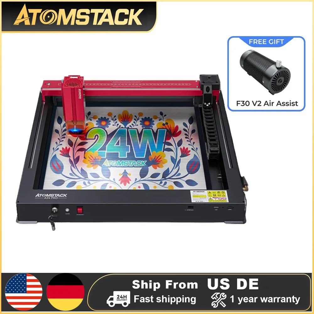 

AtomStack A24 Pro Optical Power 24W Unibody Frame Laser Engraver With F30 V2 Air Assist Pump Installation Free Engraving Machine