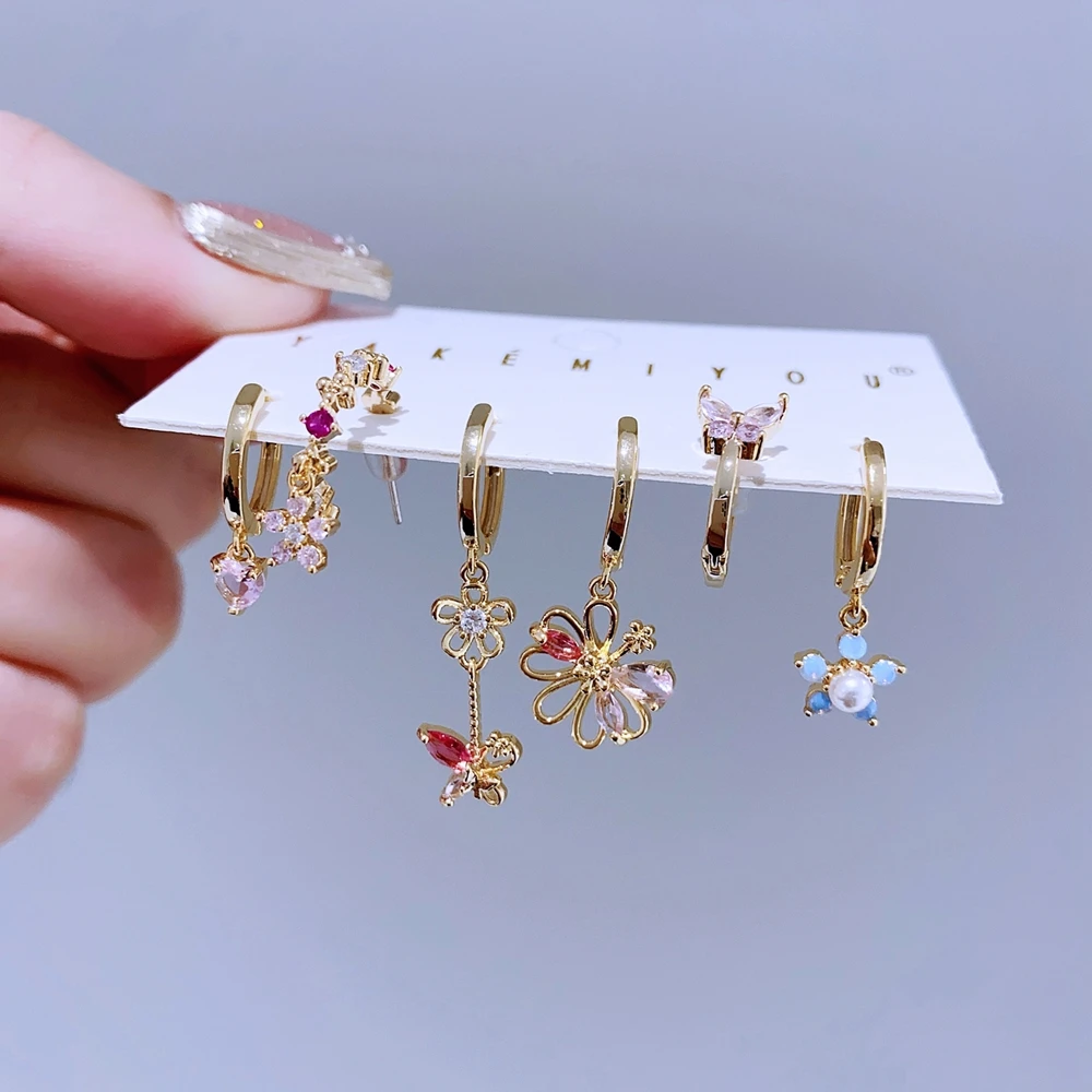High End 6pcs/set Flower Butterfly Pendant Drop Earrings Gold Plated Cubic Zirconia Stone Women Jewelry 5