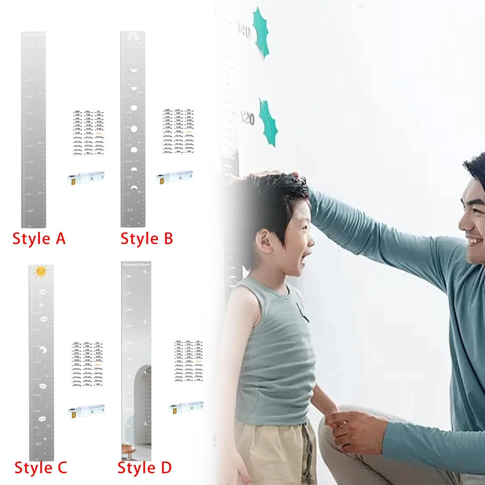 Acrylic Kids Growth Chart Mirror 47.2x5.9inch for Playroom, Kids' Room Versatile with Stickers DIY Splicing Wall Decoration