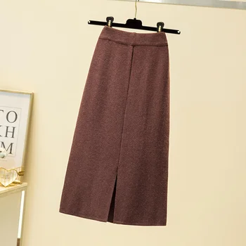 تنورة حياكة سوداء لعام 2025 تنورة نسائية عالية الخصر أنيقة طويلة للنساء موضة الخريف والشتاء تنورة مكتب التنانير النسائية 3