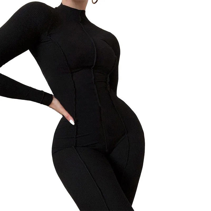 2022 Autumn and Winter New Women\'s Fashion High-neck Tight-fitting High-waist Casual Solid Color Sports Jumpsuit Women