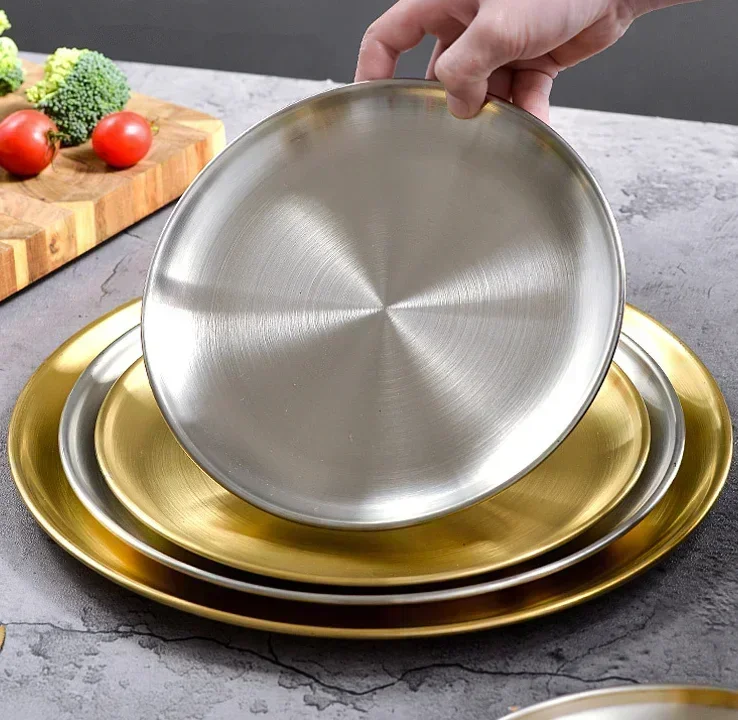Dining Dish Korean 304 Stainless Steel Round Steak Plate Tray Single Layer Hairline Finish Mirror For BBQ