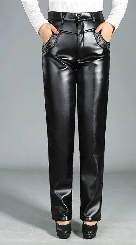 

Elastic Stretch Faux Leather Spring Pants Women Fashion PU Leather Pants Female Straight Loose-fitting Leisure Trouser T618
