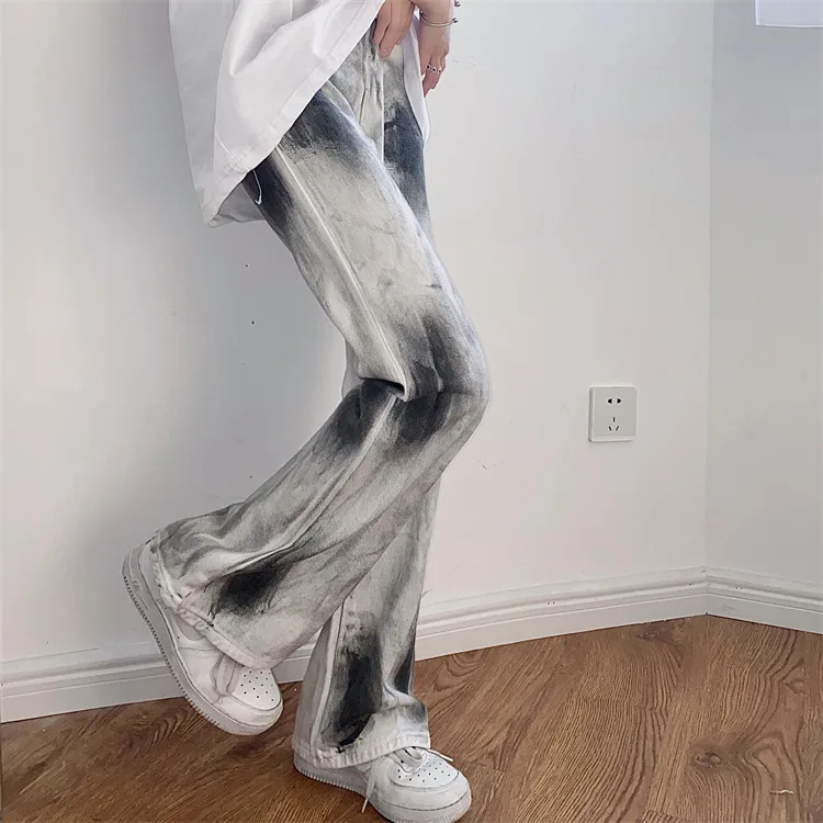 Large Size Women's Splash-Ink Tie-Dyed Jeans High Waist Slimming Drape Wide Leg Straight Long Pants cyber fashion low rise jeans