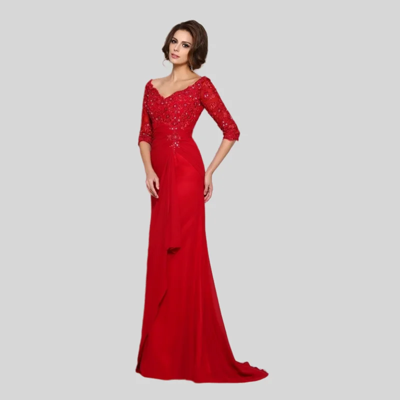 

Red Mother Of The Bride Dresses Mermaid V-neck Half Sleeves Chiffon Lace Beaded Plus Size Long Groom Mother Dresses For Wedding