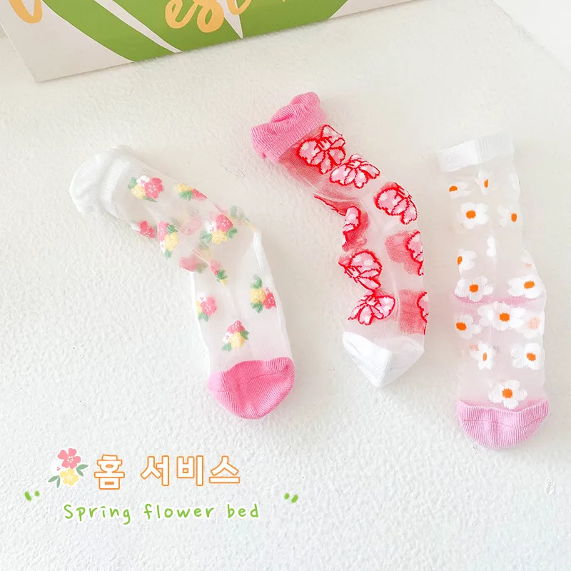 Girls Summer Socks Mesh with Cotton Transparent Socks Baby Cute Flowers Crew Sock 3 Pairs 6