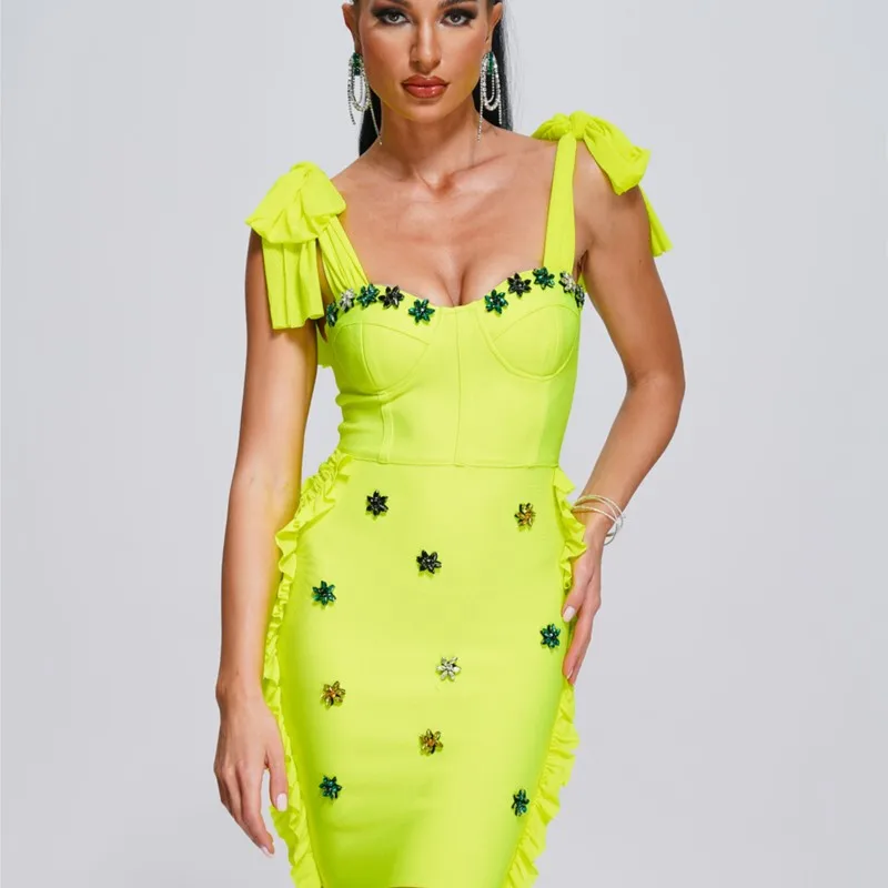 

2023 New Womens Yellow Spaghetti Strap Sleeveless Bow Mini Bandage Sexy Skinny Bodycon Celebrity Party Club Dress Vestidos