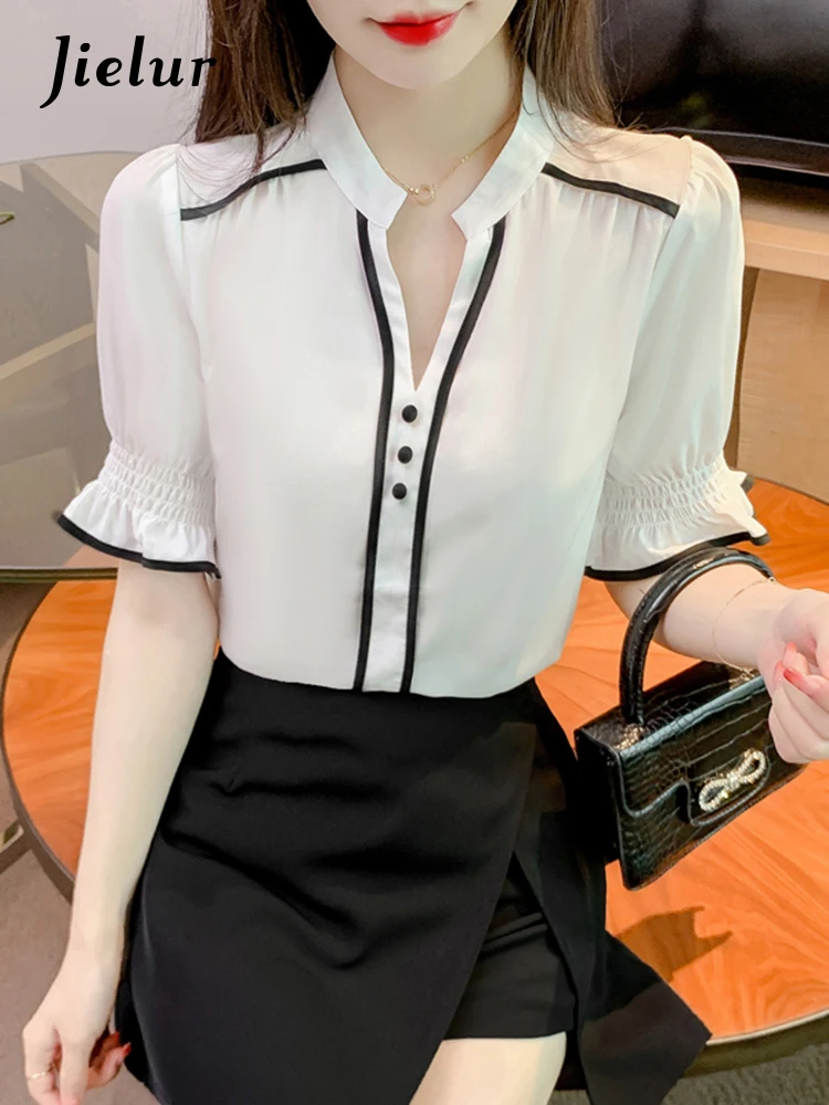 

Jielur Spell Color French Style Women Blouse Princess Sleeve Summer Elegant Fashion Female Blouses Casual Simple Chic Workwear