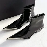 Luxury Designer Pointed Toe Chelsea Boots Women 2025 Fall Chunky Heel Metal Toe Decoration High Heels Side Zip Black Ankle Boots - Image 2