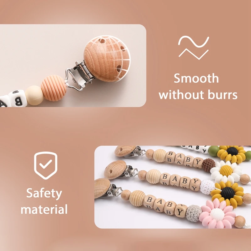 Personalisierte Sunflower Schnuller Kette Holz Clip Halter Umweltfreundliche Neugeborenen Spielzeug – Detail 7