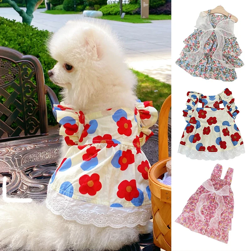 

Sweet Bowknot Pet Dog Dress Floral Print Dogs Princess Dress Spring Summer Dog Wedding Dresses Pet Lace Tulle Sleeveless Skirt