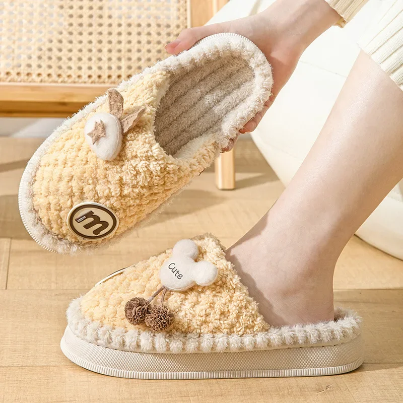 Cute Cartoon Winter Cotton Slippers Women Warm Plush Home Shoes Indoor Cozy Flat Slides Woman Non-Slip Thick Sole Fur Slippers