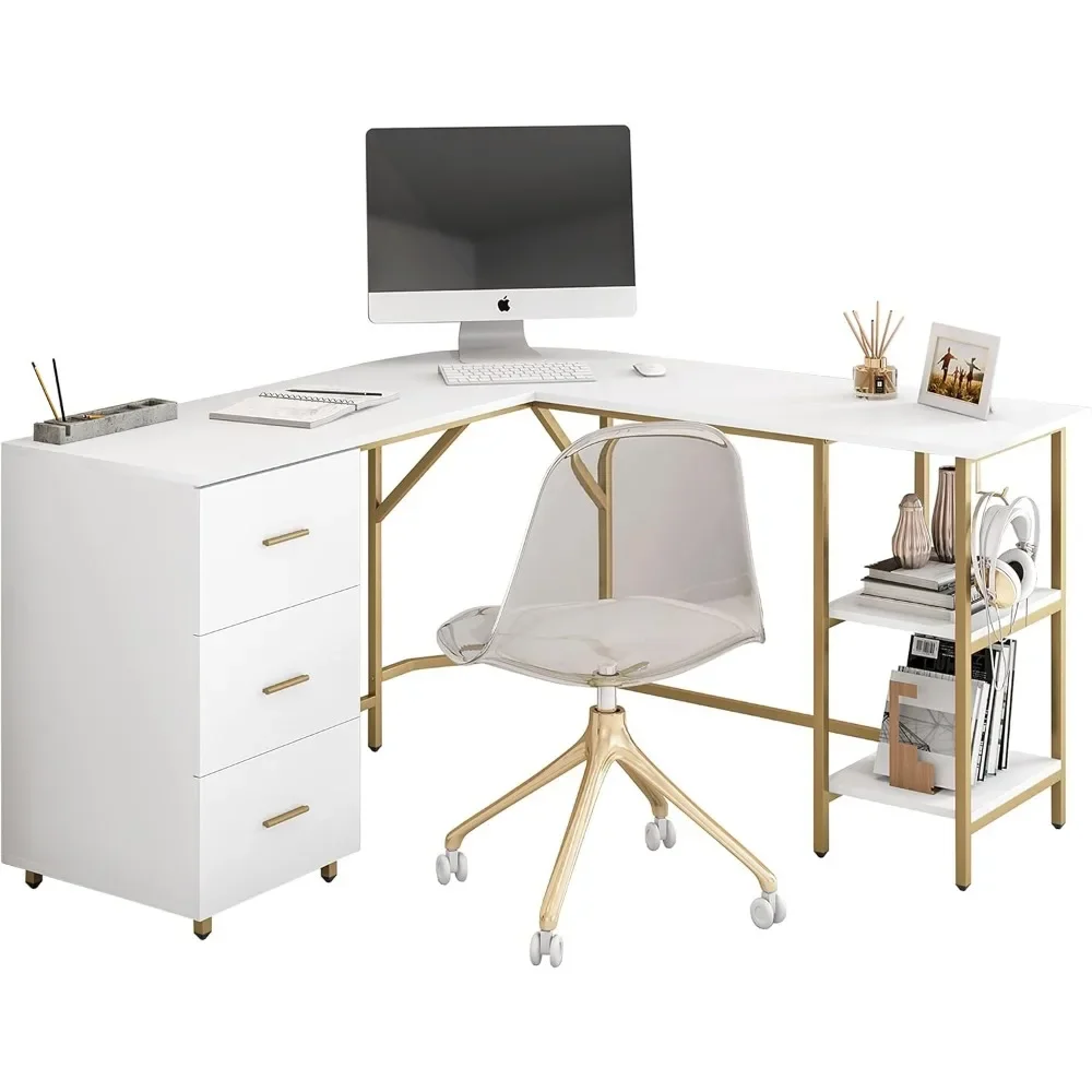 L Shaped Desk Two-Toned Computer Desk Drawers Storage Shelves Sturdy For Home Office Writing