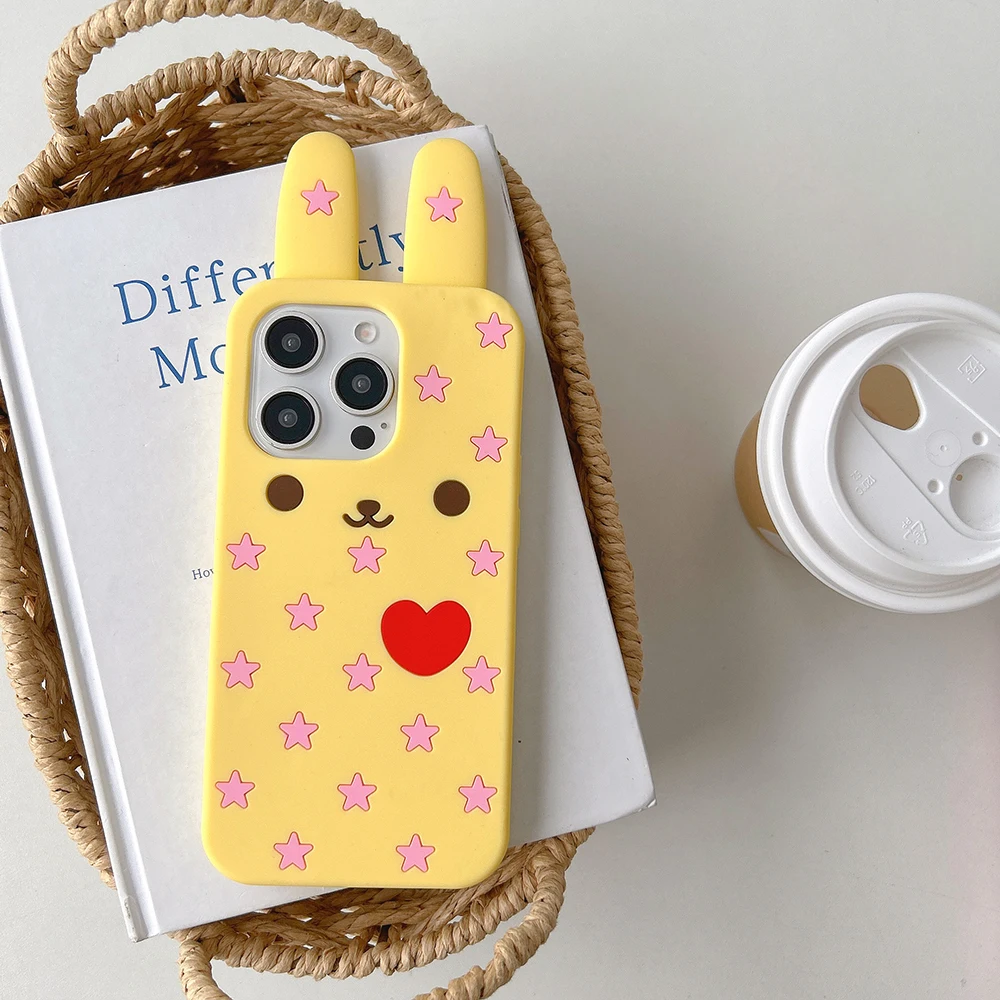 Kawaii Lovely 3D Cartoon Rabbit Soft Silicone Case for iPhone 16 15 14 13 12 Pro Max Funny Shockproof Back Cover Capas 3