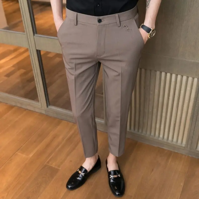 2024 Spring and Summer Casual Minimalist Business Trend High Waisted Button Pocket Korean Slim Fit Cropped Small Leg Suit Pants