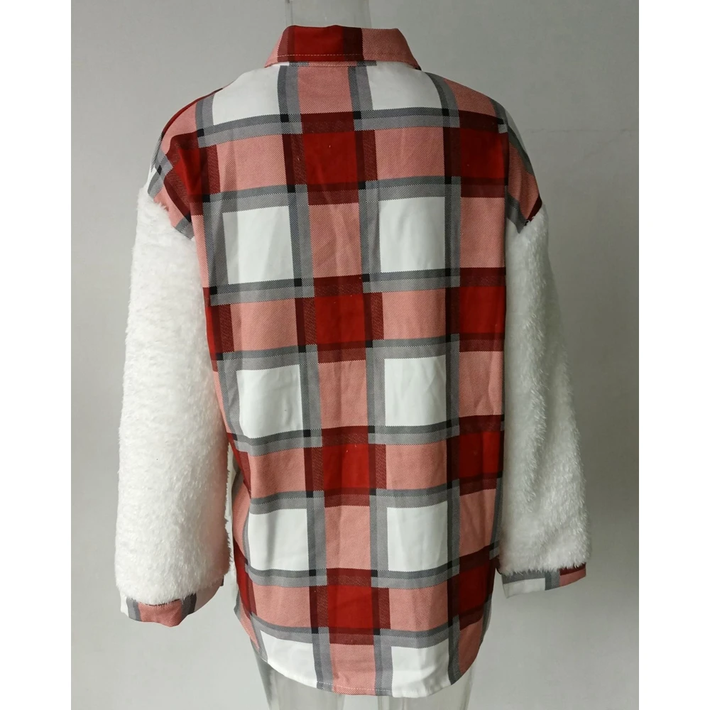 Autumn Women Plaid Print Pocket Design Colorblock Teddy Shirt Coats Femme Long Sleeve Turn-down Collar Fluffy Loose Jackets