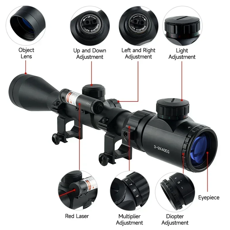 3-9x32 3-9x40 3-9x40EG Tactical Red Green Illuminated Rifle Scopes Hunting Optic Airsoft Sight HD Precision Shooting Telescope