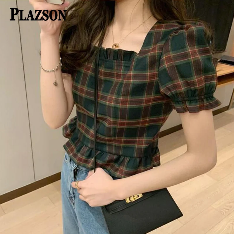 PLAZSON 여성용 격자 무늬 프린트 블라우스, 반팔, 스퀘어 칼라 블라우스, 블라우스 셔츠