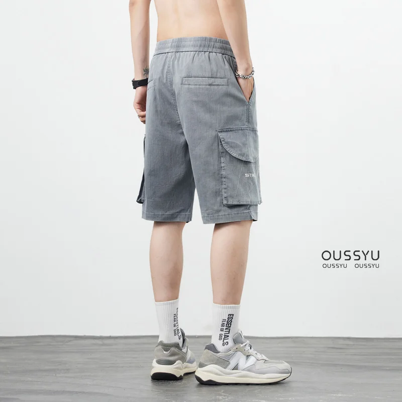 Men Cargo Shorts Summer Soft Cotton Fabric Thin Loose Pocket Denim Elastic Waist Holiday Casual Beach
