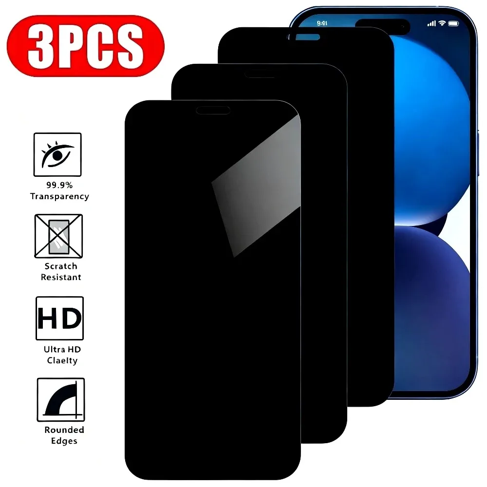 3 Pezzi Protezione Schermo Privacy a Copertura Totale per iPhone 17 16 15 14 Pro Max Air 13 12 11 Pro 16 15 Plus, Vetro Temperato Anti-Graffio - immagine 2