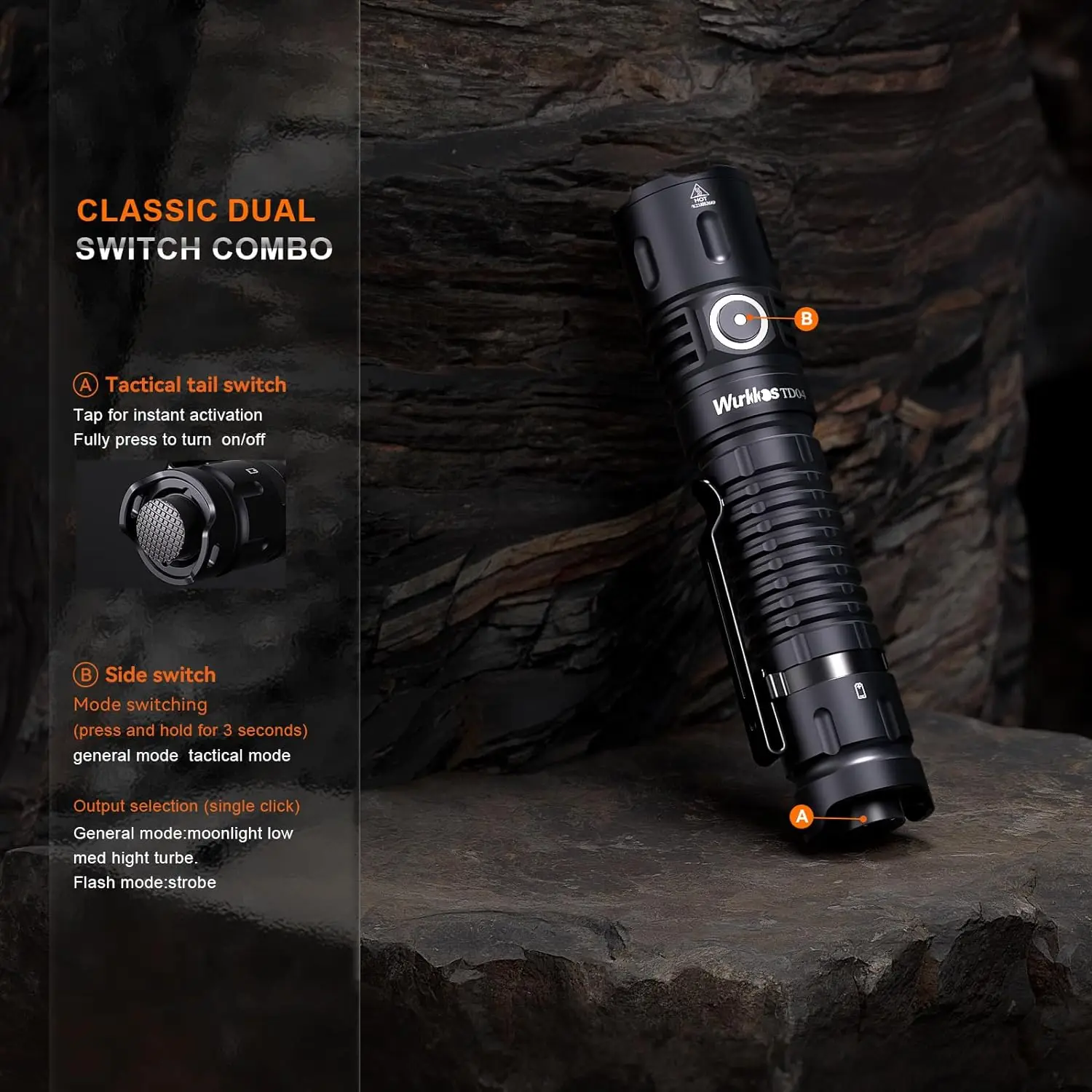 Wurkkos TD04 21700 Rechargeable Two Mode Group Tactical XHP50D HI Flashlight USB-C 3000 Lm Torch IP68 Waterproof EDC Tail Switch