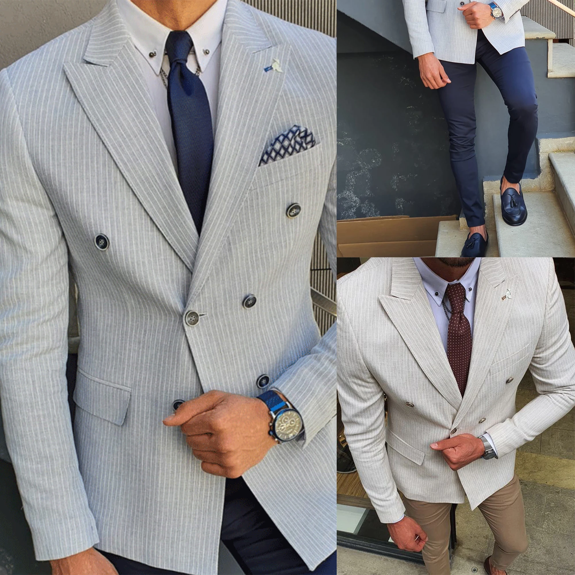 Striped Wedding Coat For Men Double Breasted Slim Fit Business Casual Blazer Peak Lapel Jacket Made Only Overcoat