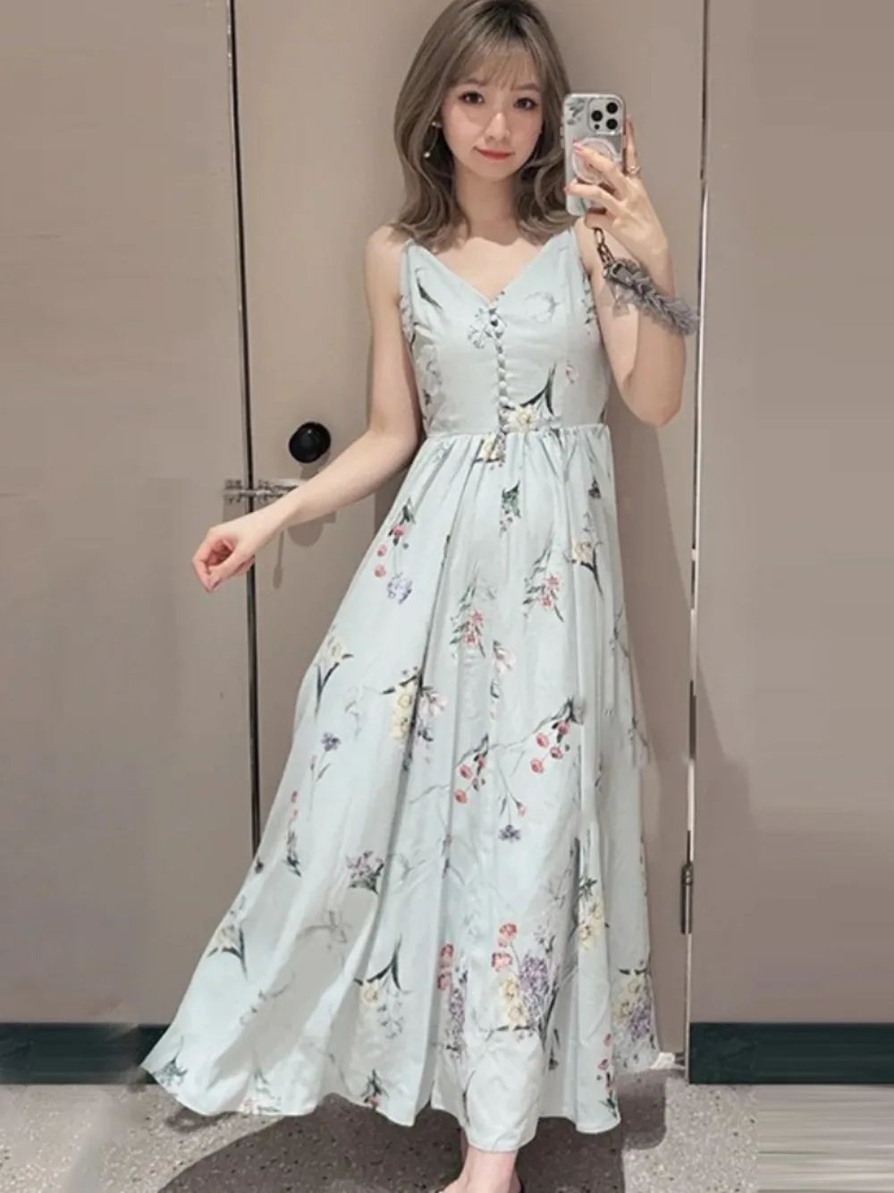 Kuzuwata Sweet Print V Neck Slim Waist Sling Robe High Street Fresh  Mid-length Big Swing Vestido Japan Pullover Ruched Dresses - AliExpress  200000345