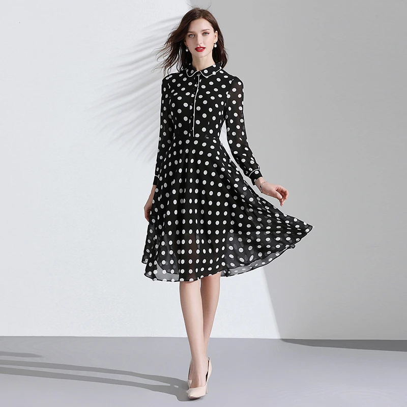 

Polka Dot Dress Women Clothing 2023 Spring Summer Turn Down Collar Long Sleeved Single Breasted Slimming A-Line Chiffon Dress