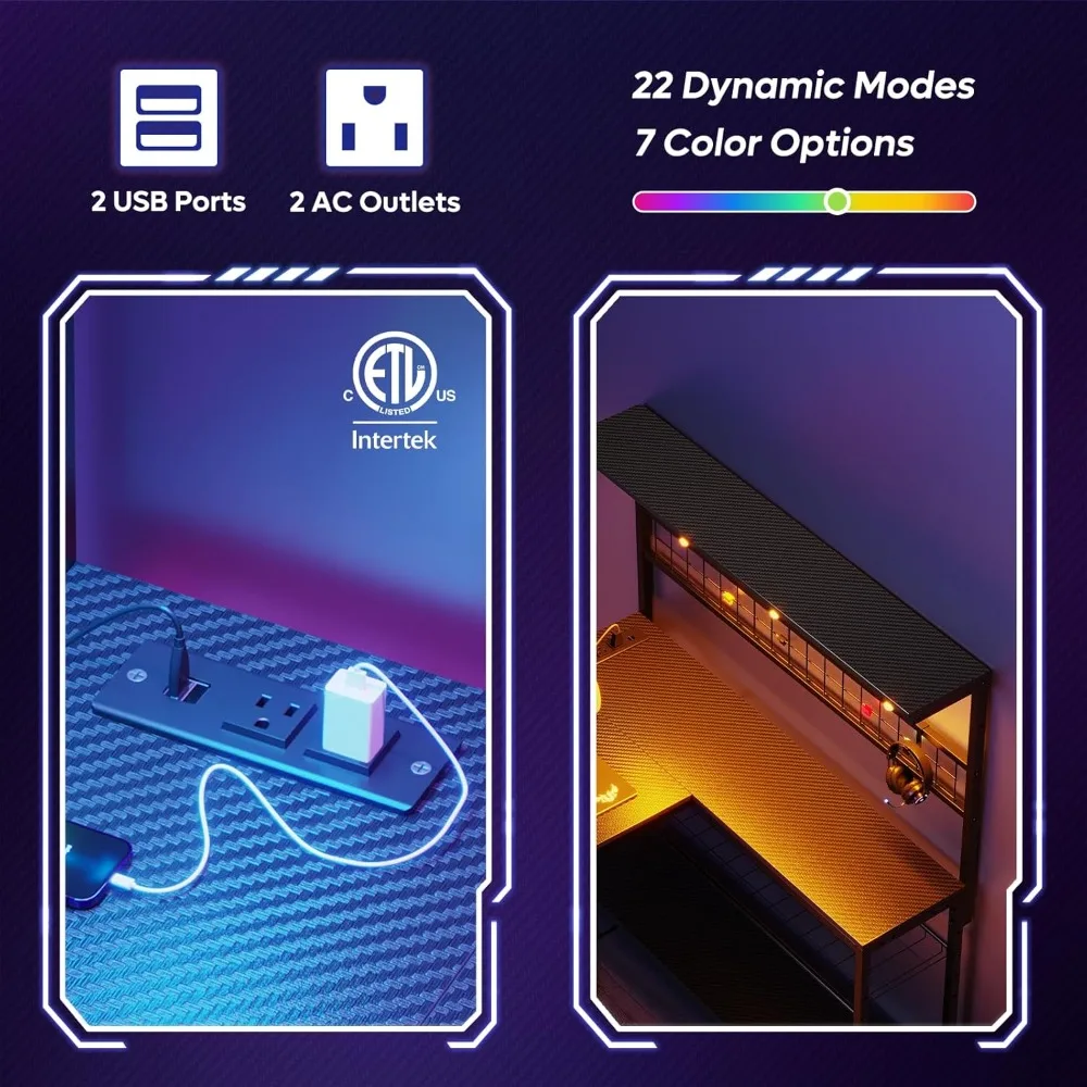 51" L-Shaped Gaming Desk with Power Outlets, LED Lights, 4 Shelves & Cup Holder for Home Office