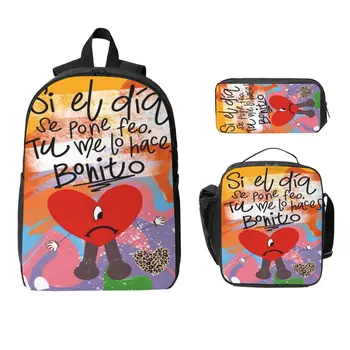 3Pcs Debi Tirar Mas Fotos DTMF Bads Bunnys Music Tour Accessories Backpack Set for Kids Pencil Boxes Bookbag Sets with Lunch Box 1