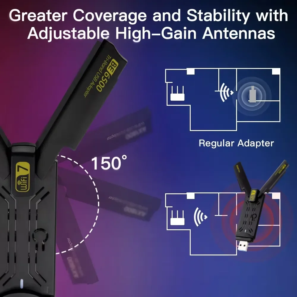 WiFi 7/6E USB 어댑터 BE6500 2.4G&5.8G&6GHz 트라이밴드 무선 네트워크 카드 6500Mbps 프리 드라이브 802.11BE 어댑터(Win10/11용)