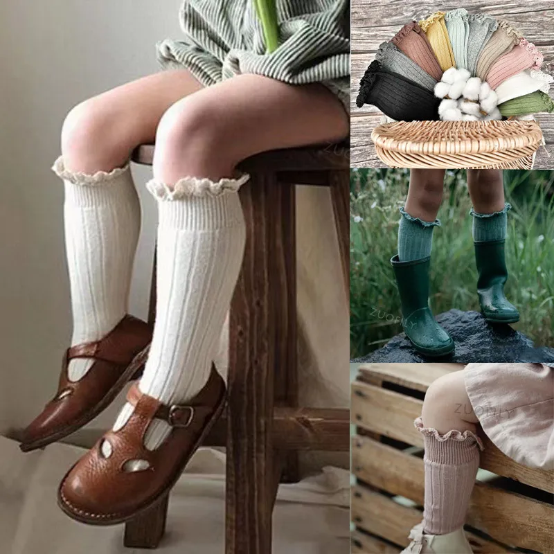 Kids Socks Ruffle Knee High Soft Cotton Solid Lace Flower Children School Uniform