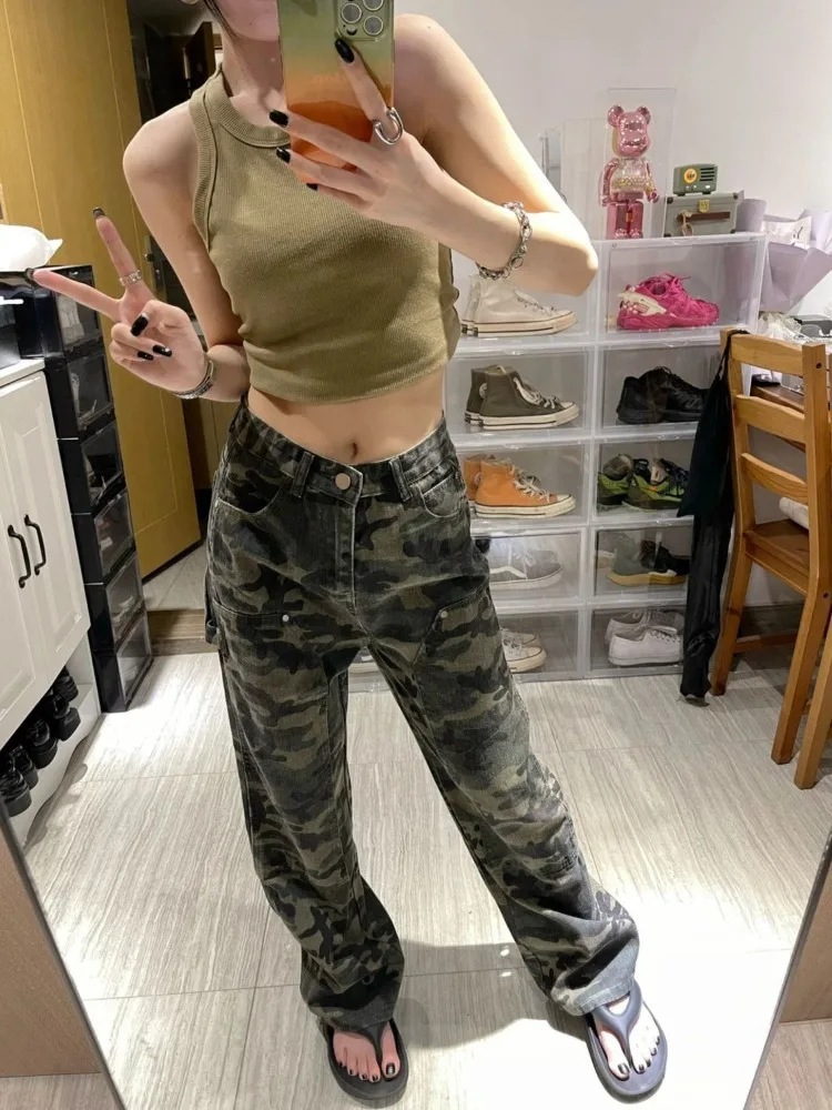 American Vintage Camouflage Cargo Pants Women New Streetwear Loose Straight Wide Leg Trousers Woman
