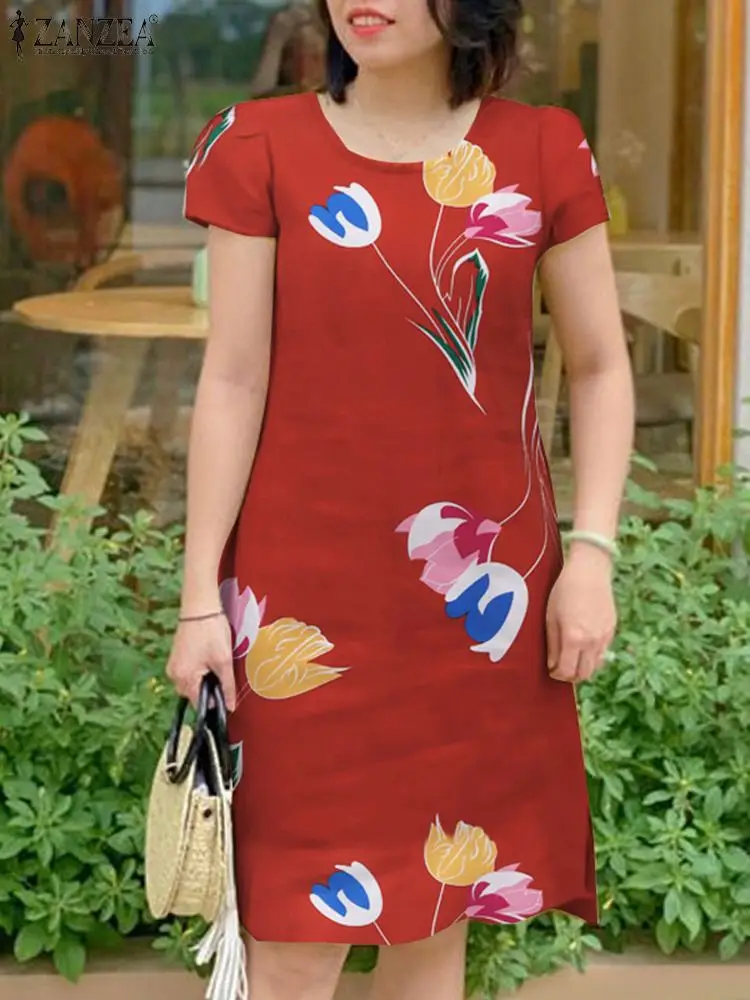 

ZANZEA Casual Holiday Knee-length Dress O Neck Fashion Women Floral Print Sundress Short Sleeve Daily 2024 Summer Beach Vestidos
