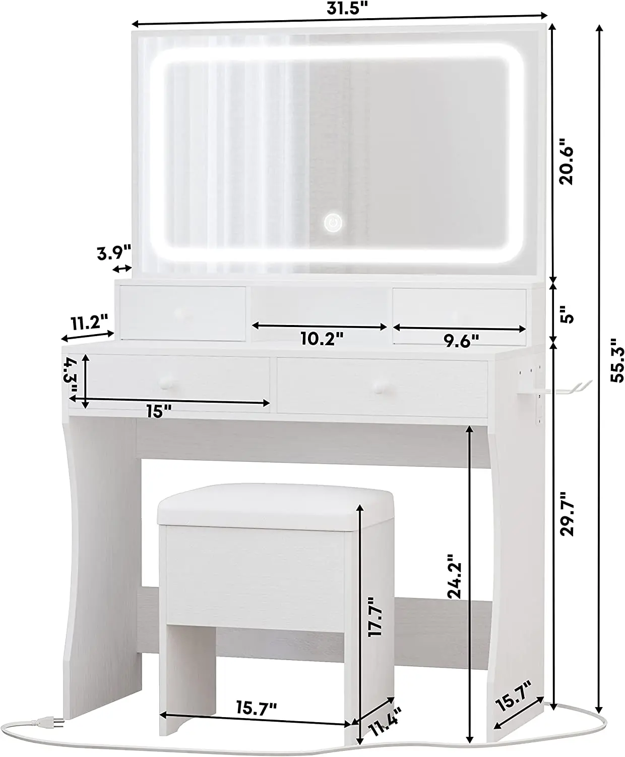 Vanity Desk with LED Lighted Mirror Power Outlet 4 Drawers Dressing Makeup Table Set with Storage Stool and Hair Dr LIKIMIO