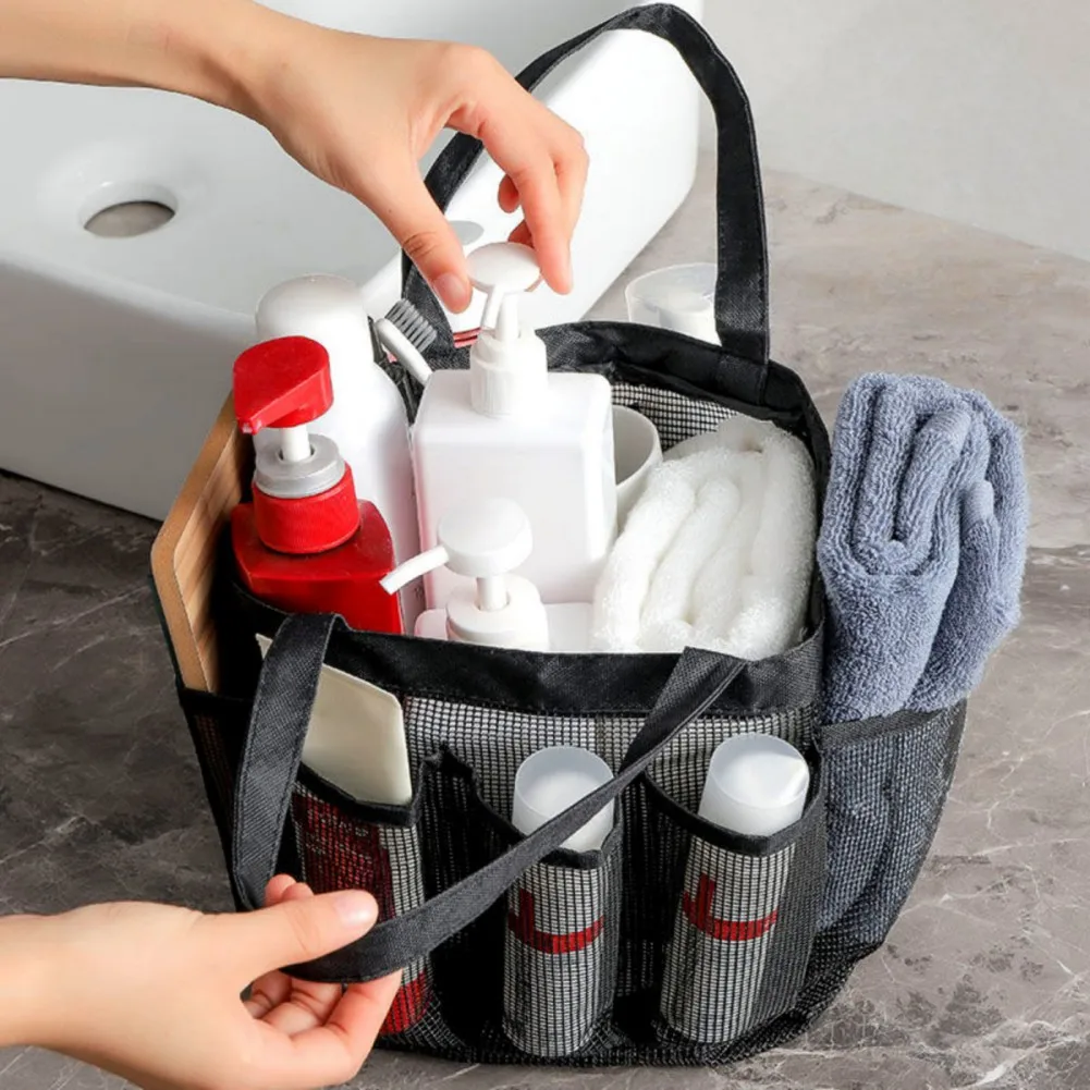 Portable Mesh Shower Caddy Quick Dry Shower Tote Hanging Bath Toiletry Organizer Bag 7 Storage Pockets Double Handles